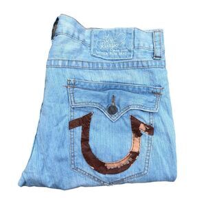 True Religion Jeans Size 40 Blue Leather Horseshoe